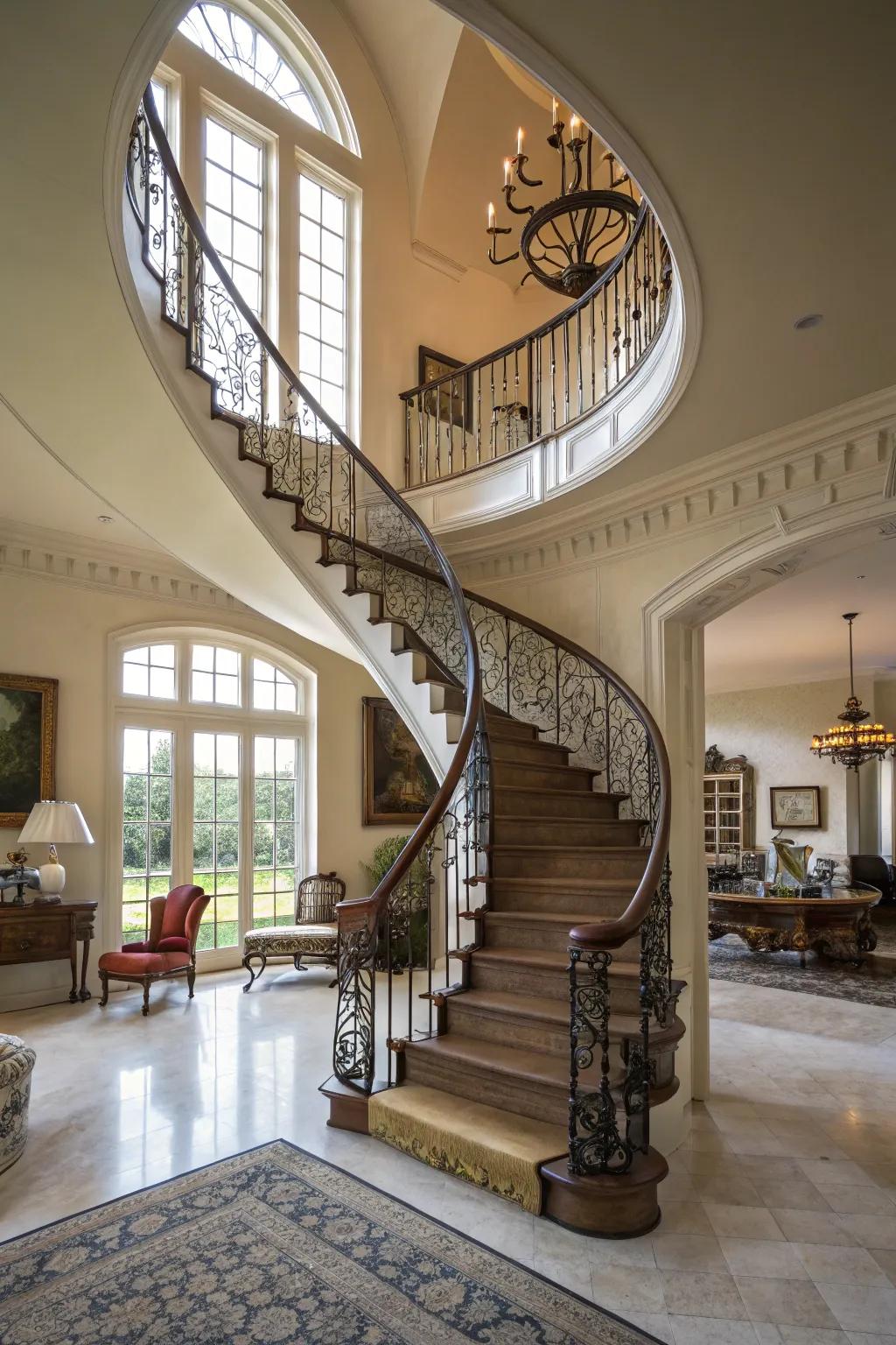 A whirlwind staircase serving as a striking architectural feature.