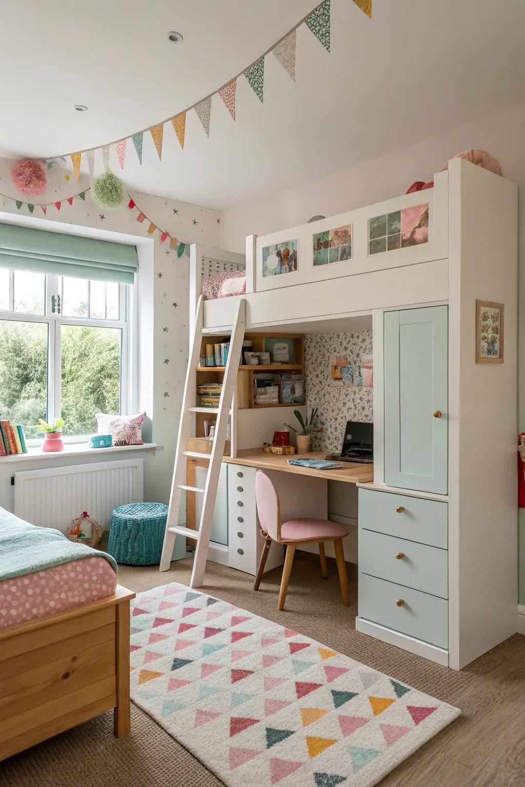 Flexible furnishings mature with the sisters and keep the setting versatile.