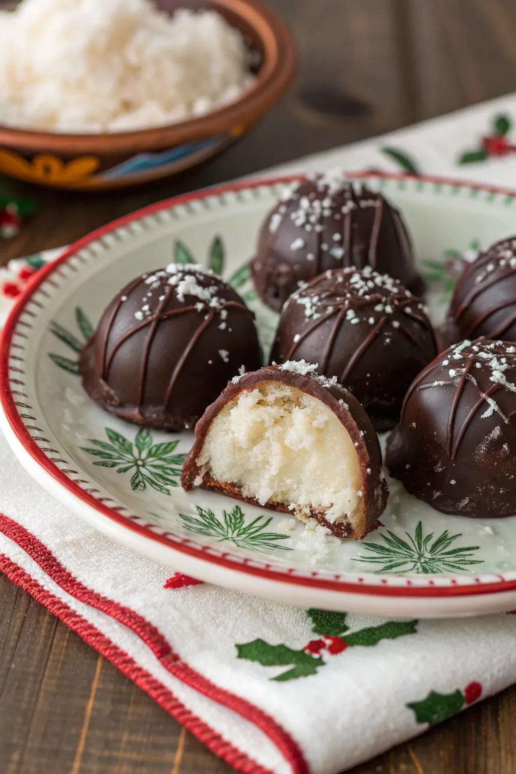 Abundant chocolate-covered coconut candies which bring a touch of the tropics to your holiday snacks.