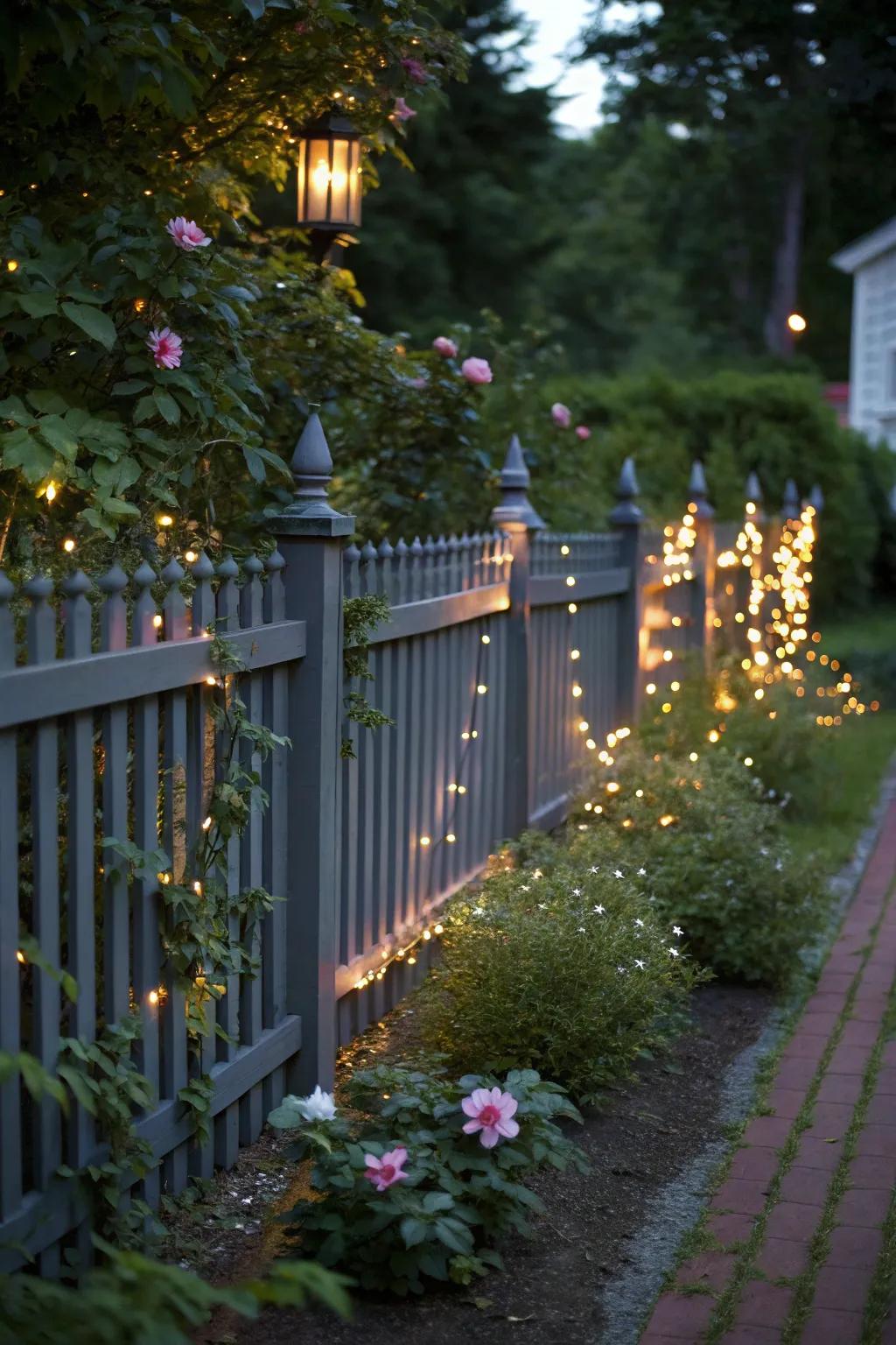 Fairy lights add a magical touch to a deep charcoal barrier, crafting a whimsical garden ambiance.