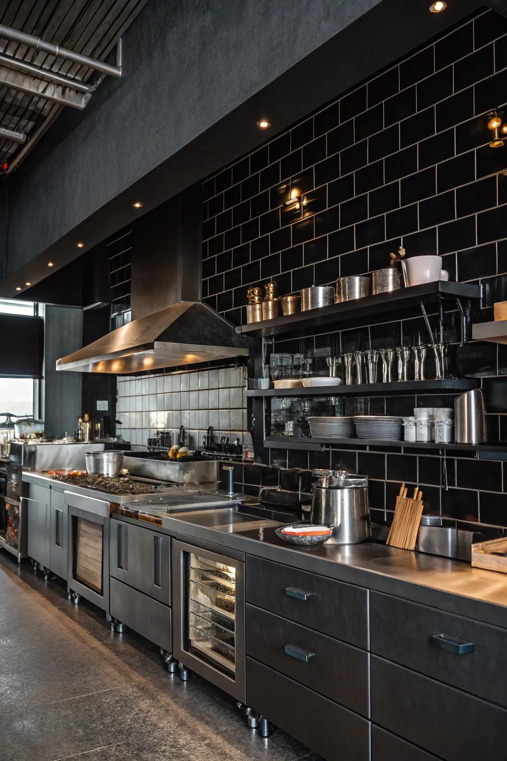 An industrial kitchen with a dark backsplash and metallic fixtures for an urban edge.