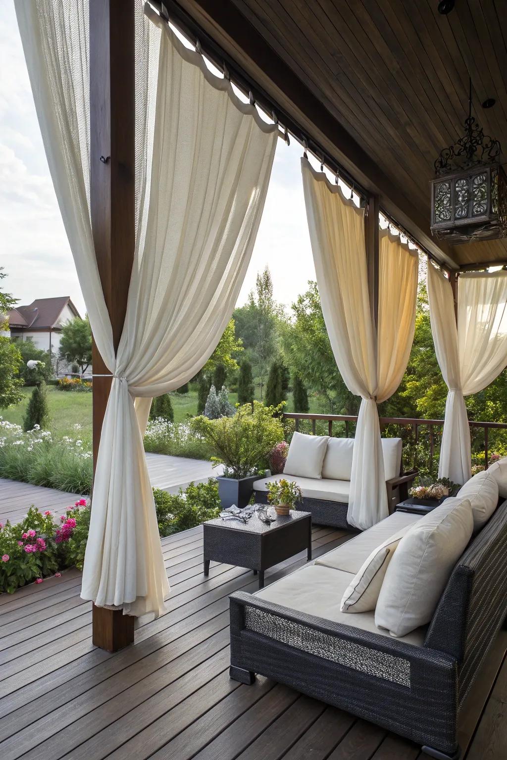 Draped fabrics add style and extravagance to your deck setting.