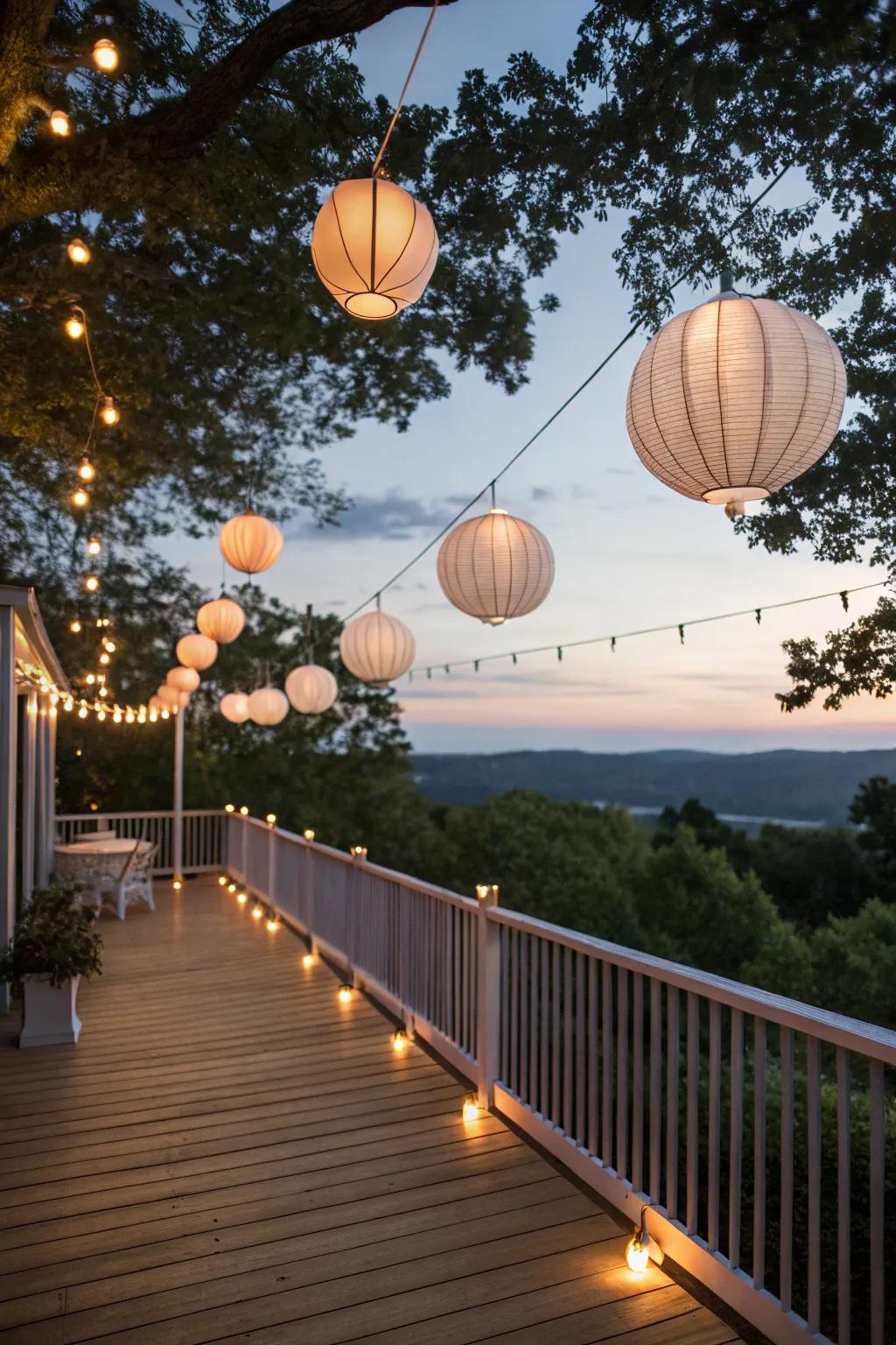 Hanging lanterns add a whimsical touch to this enchanting deck.