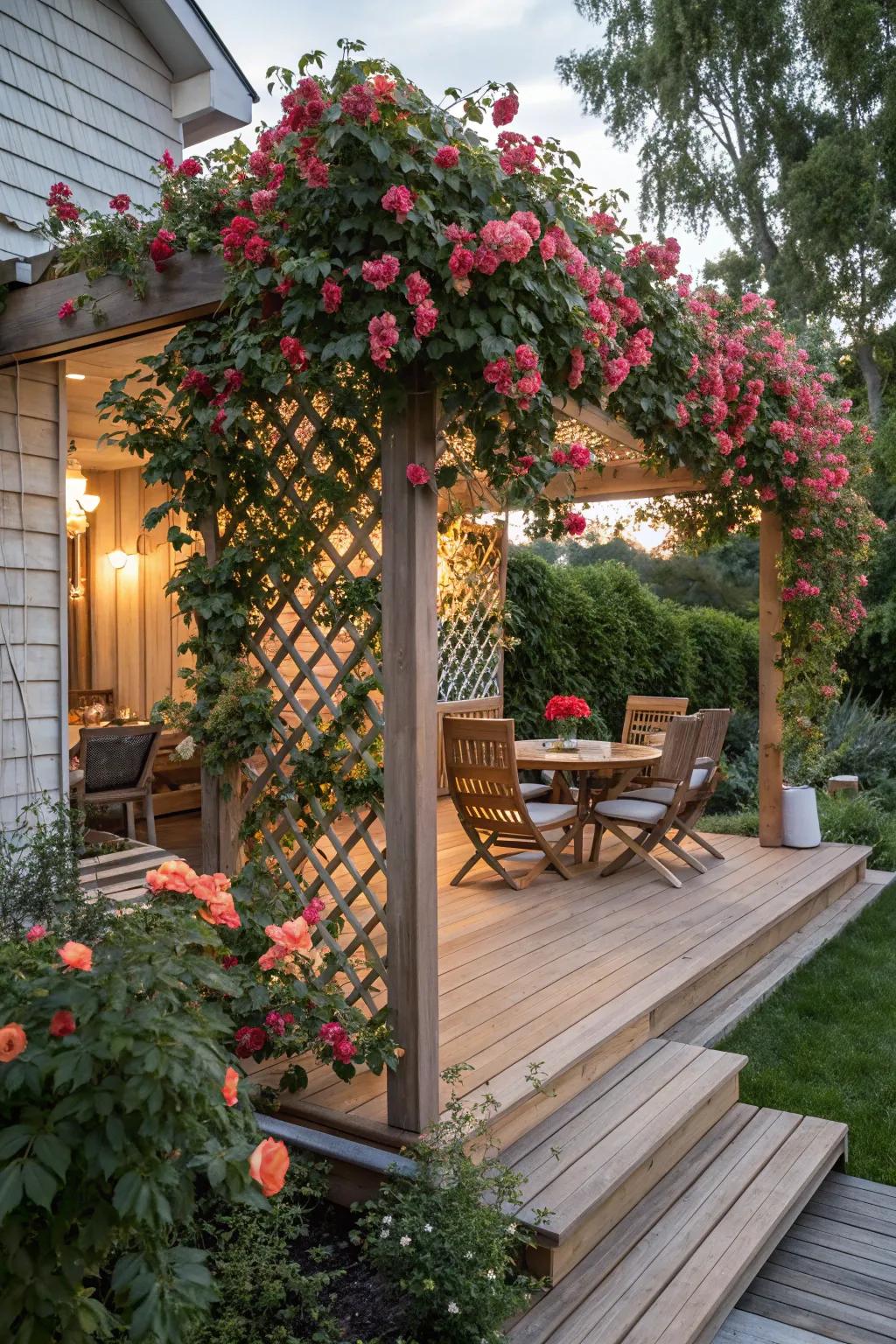 A plant support with climbing creepers offers natural beauty and privacy.