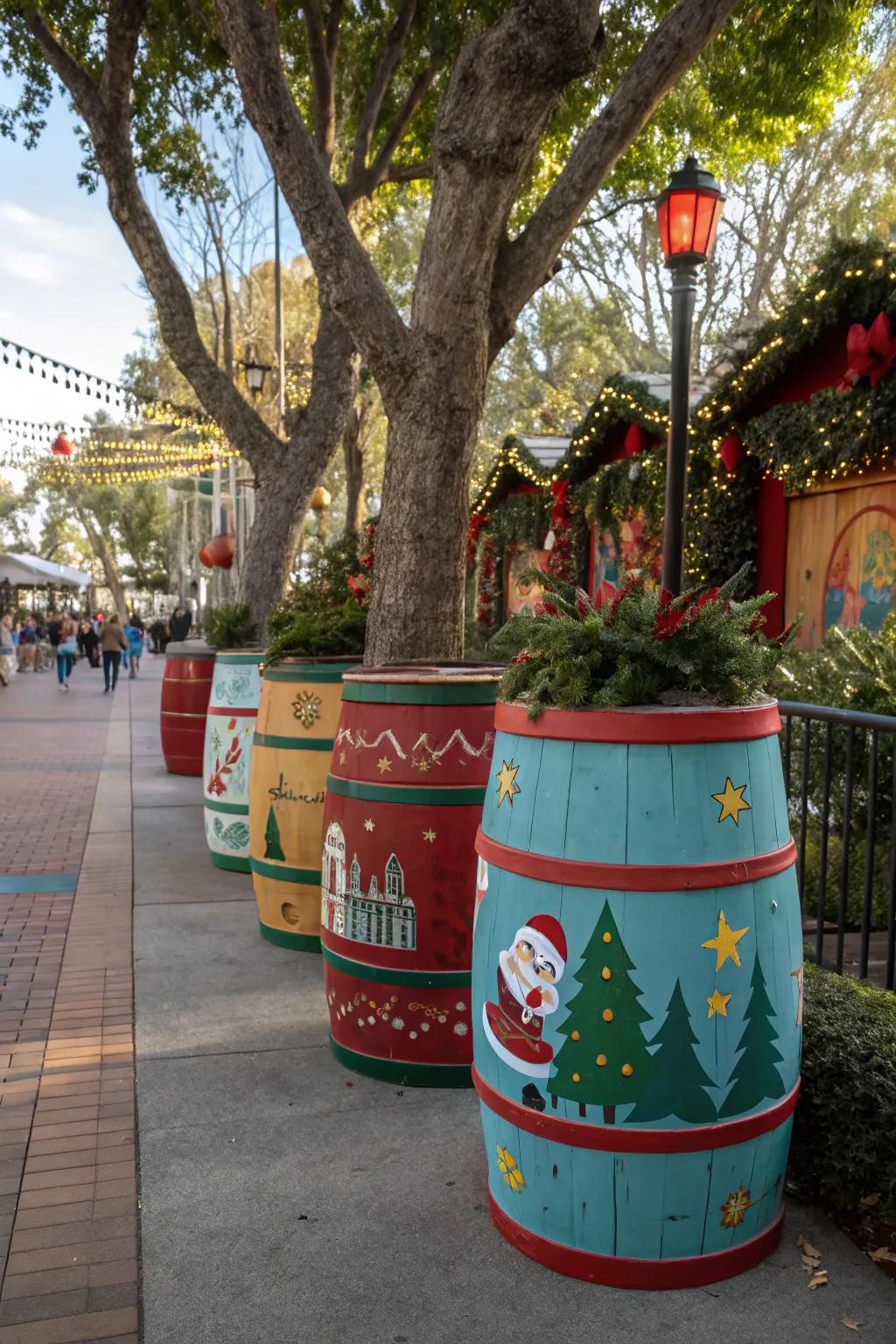 Merrily decorated painted barrels