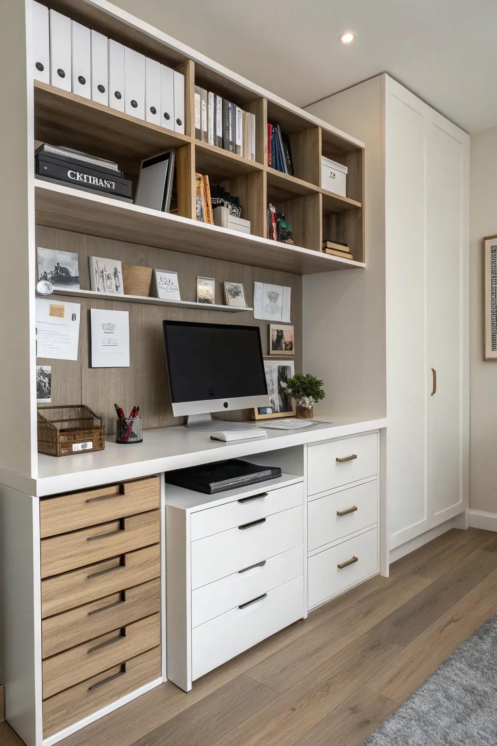 Integrated storage promotes a desk free of clutter.