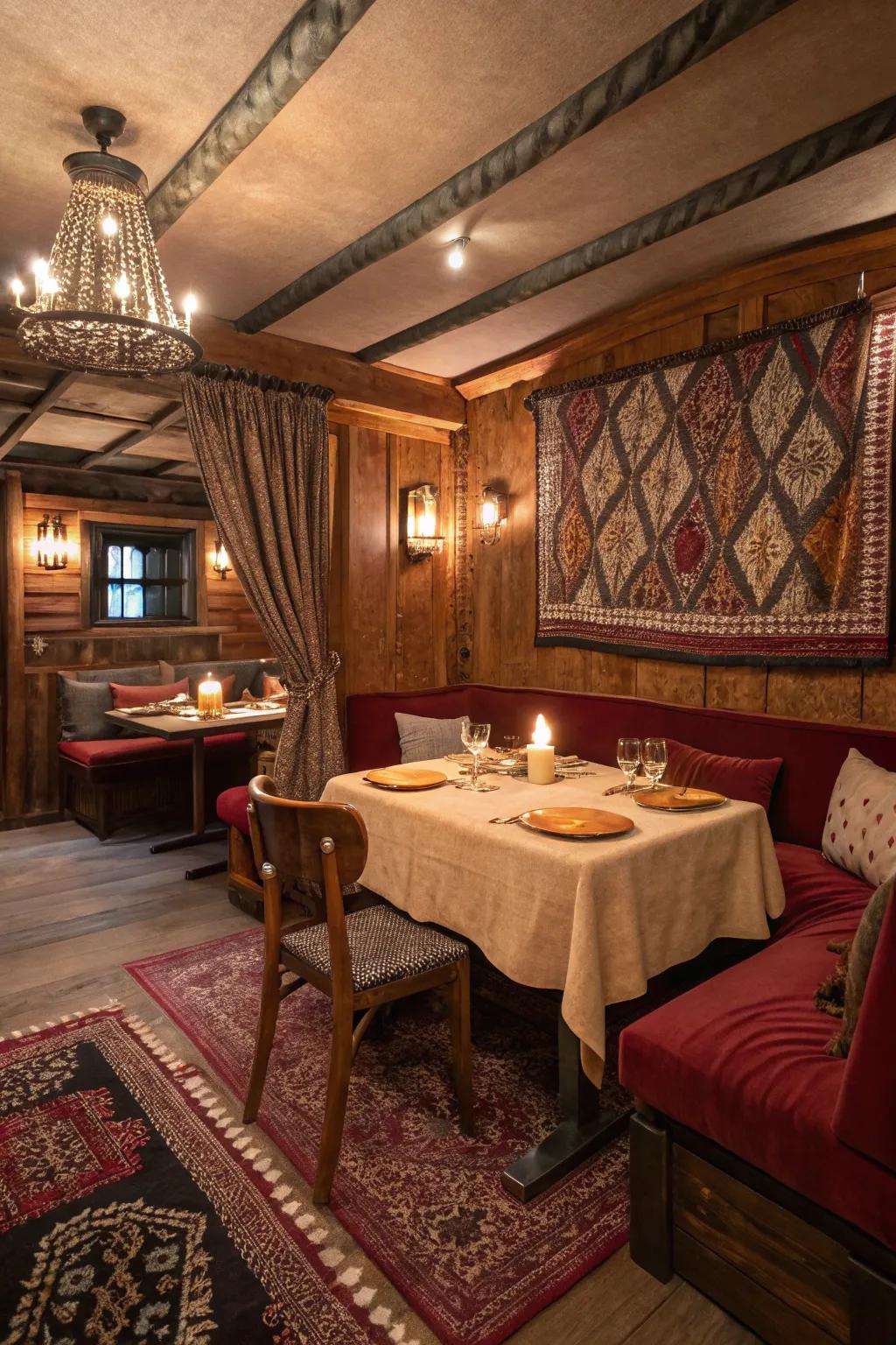 A den-like dining area offers a cozy and inviting space.
