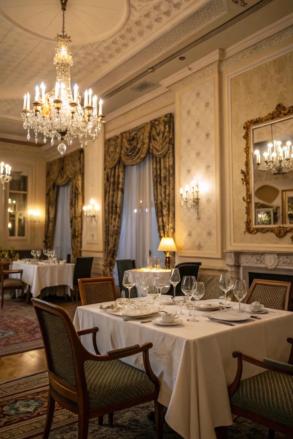 An undressed dining table featured in a beautifully ornamented space.