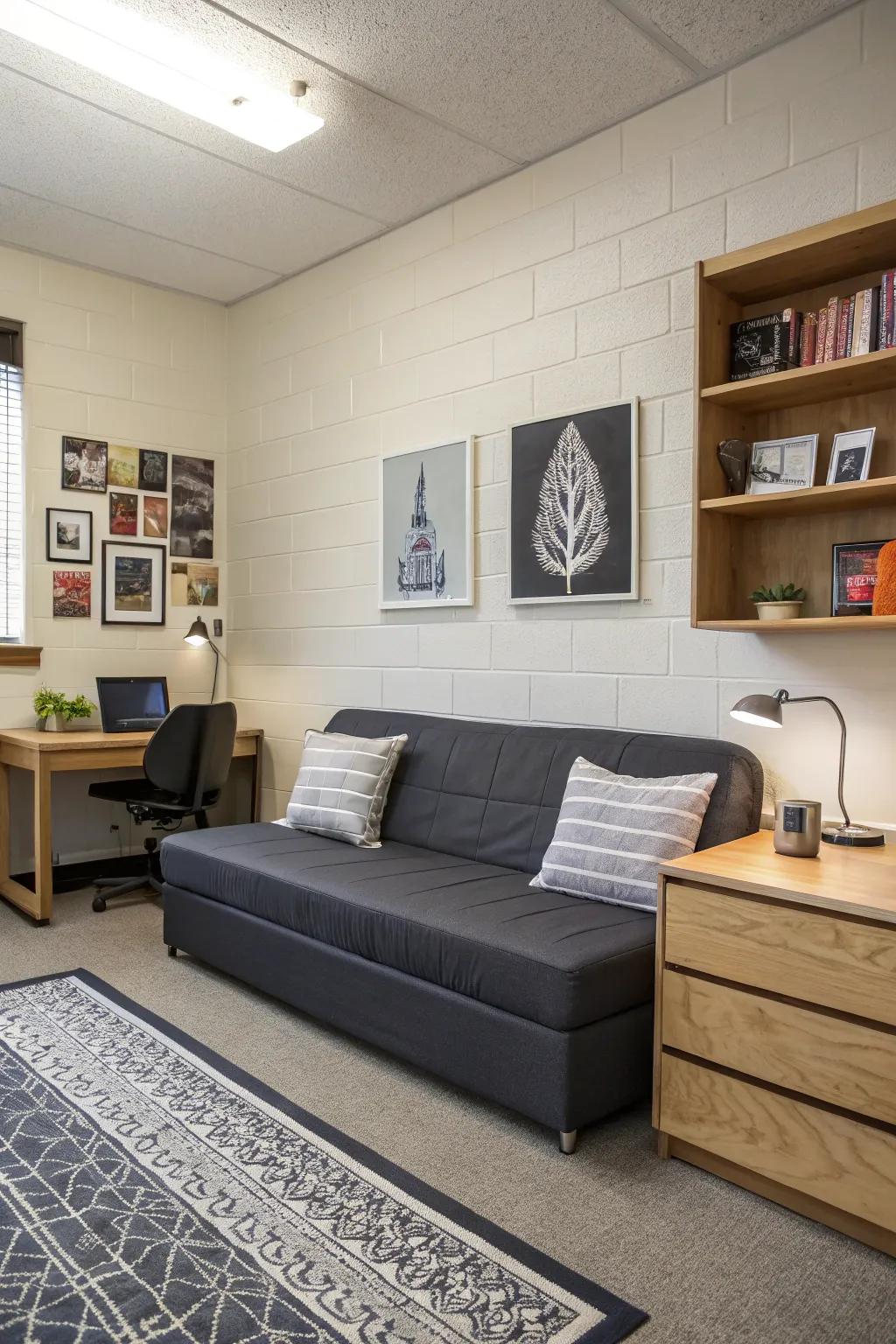Sleek lines give this sofa a minimalist touch in a sophisticated dorm room.
