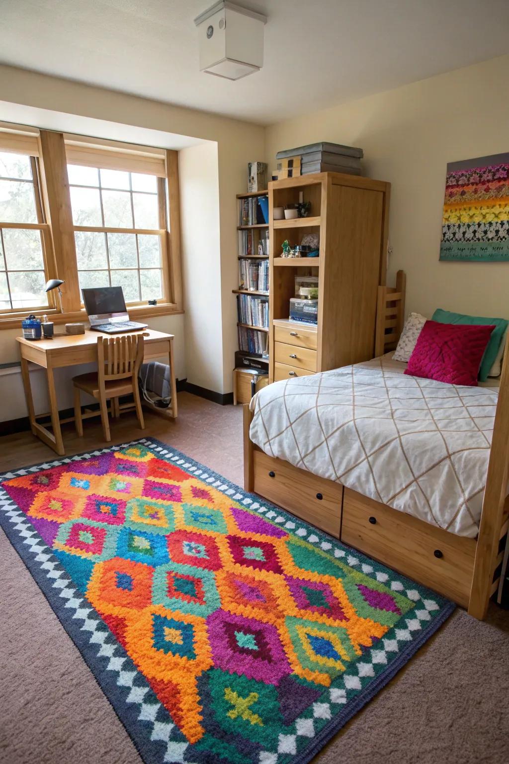 A statement rug can boost the style and comfort of your dorm.