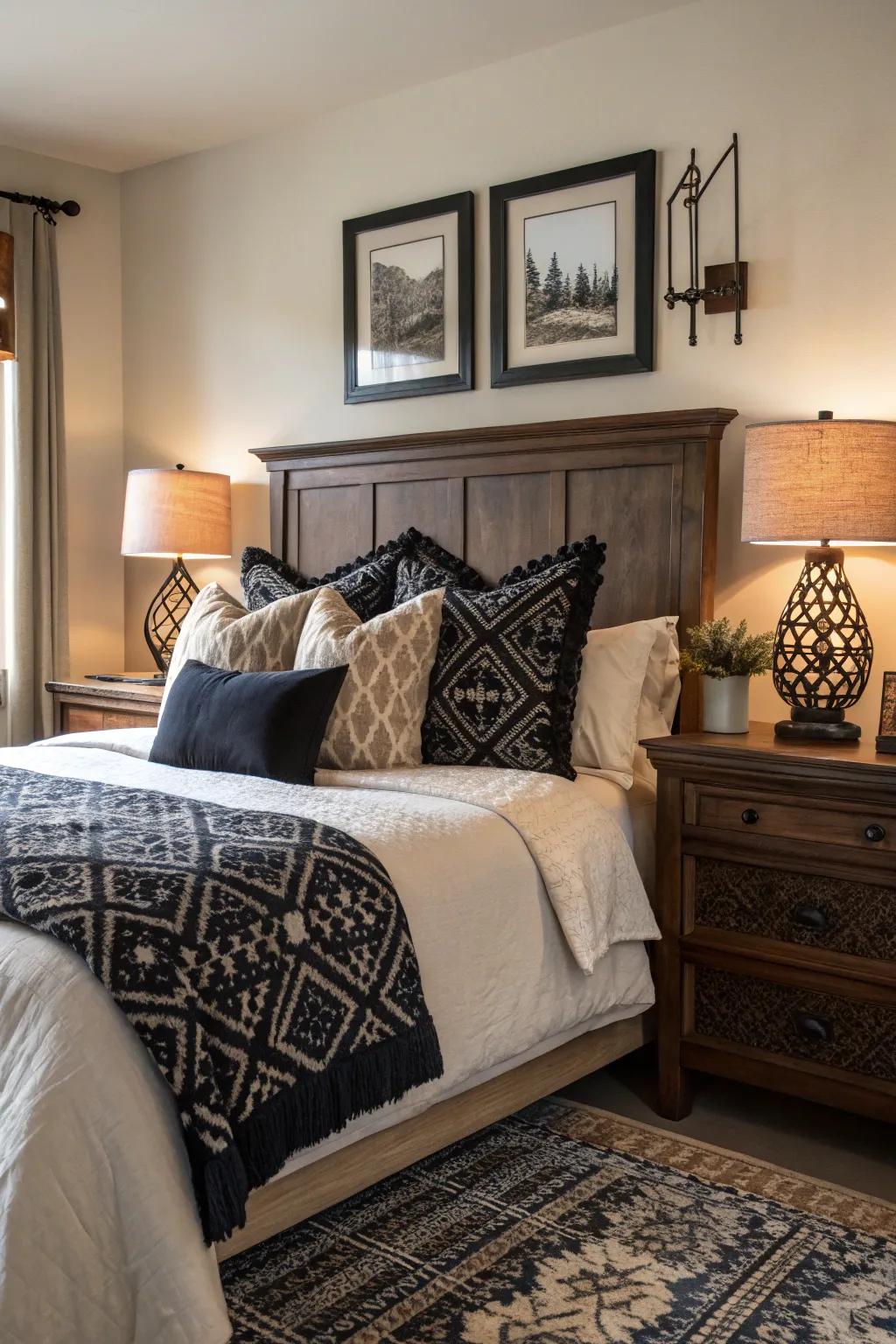 Shadowy ornament cushions unite the color scheme elegantly.