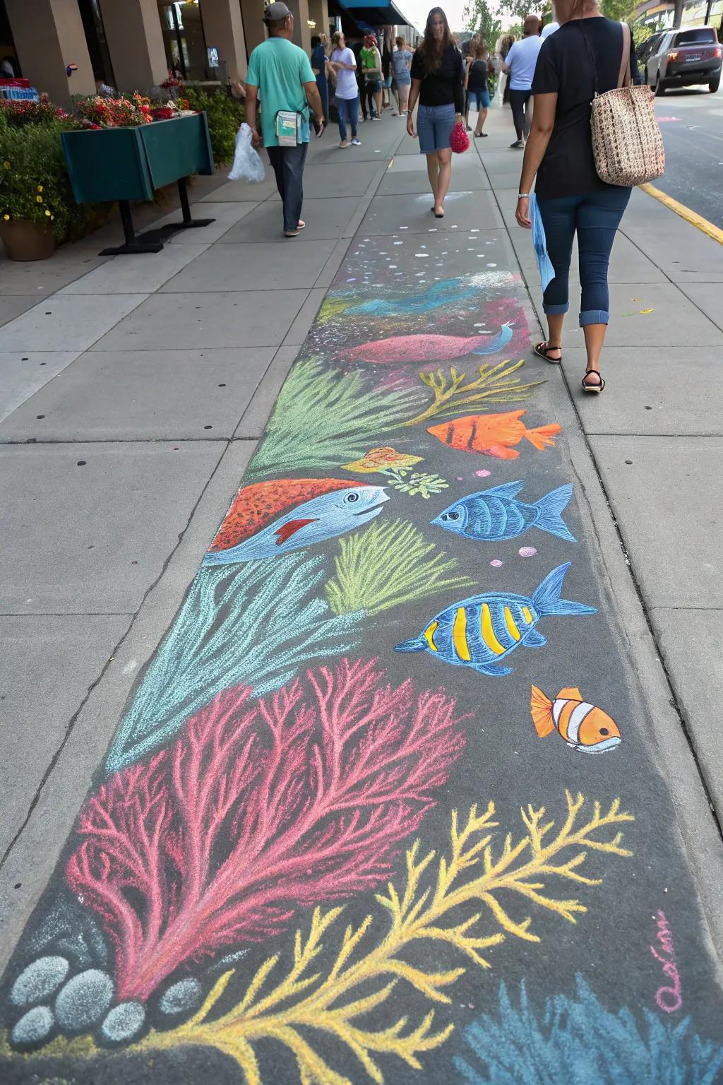 An aquatic expedition in crayon brings the ocean to the pavement.