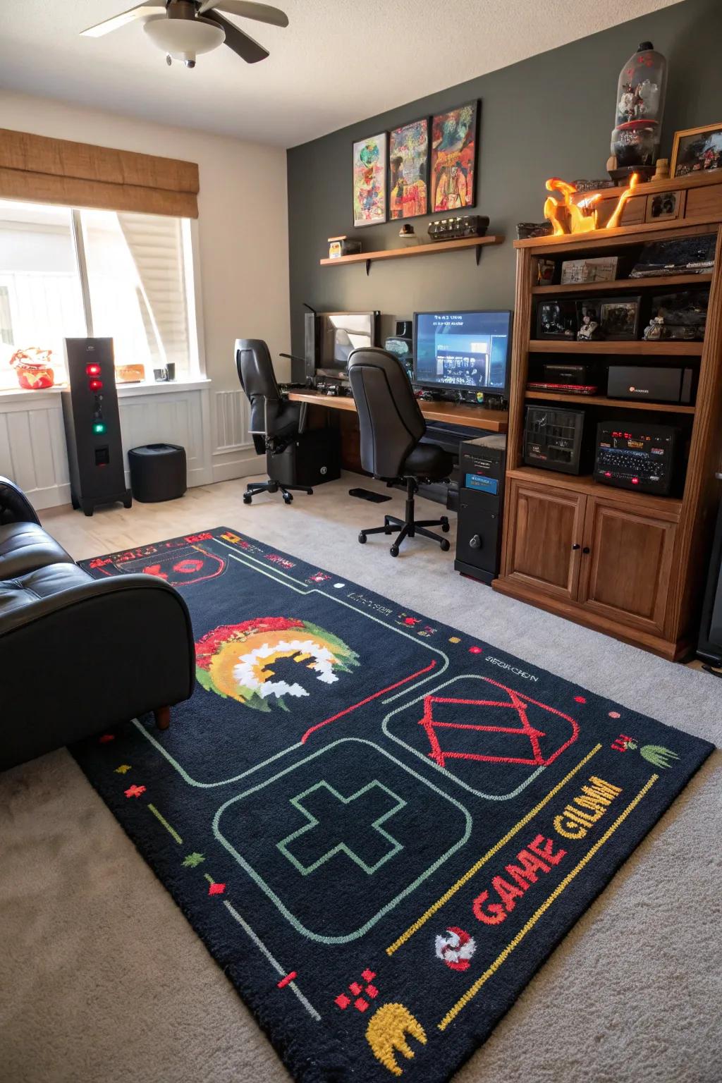 A custom rug anchors and enhances the gaming area.
