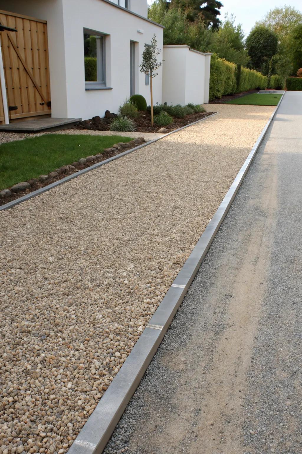 Steel edging delivers a crisp, modern vibe for crushed stone driveways.