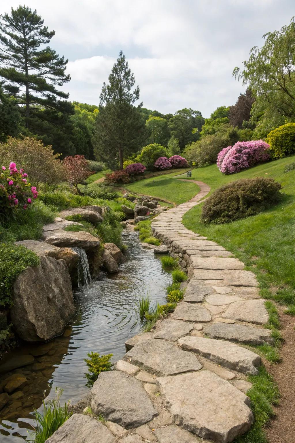 A serene rock route complemented by a water feature.