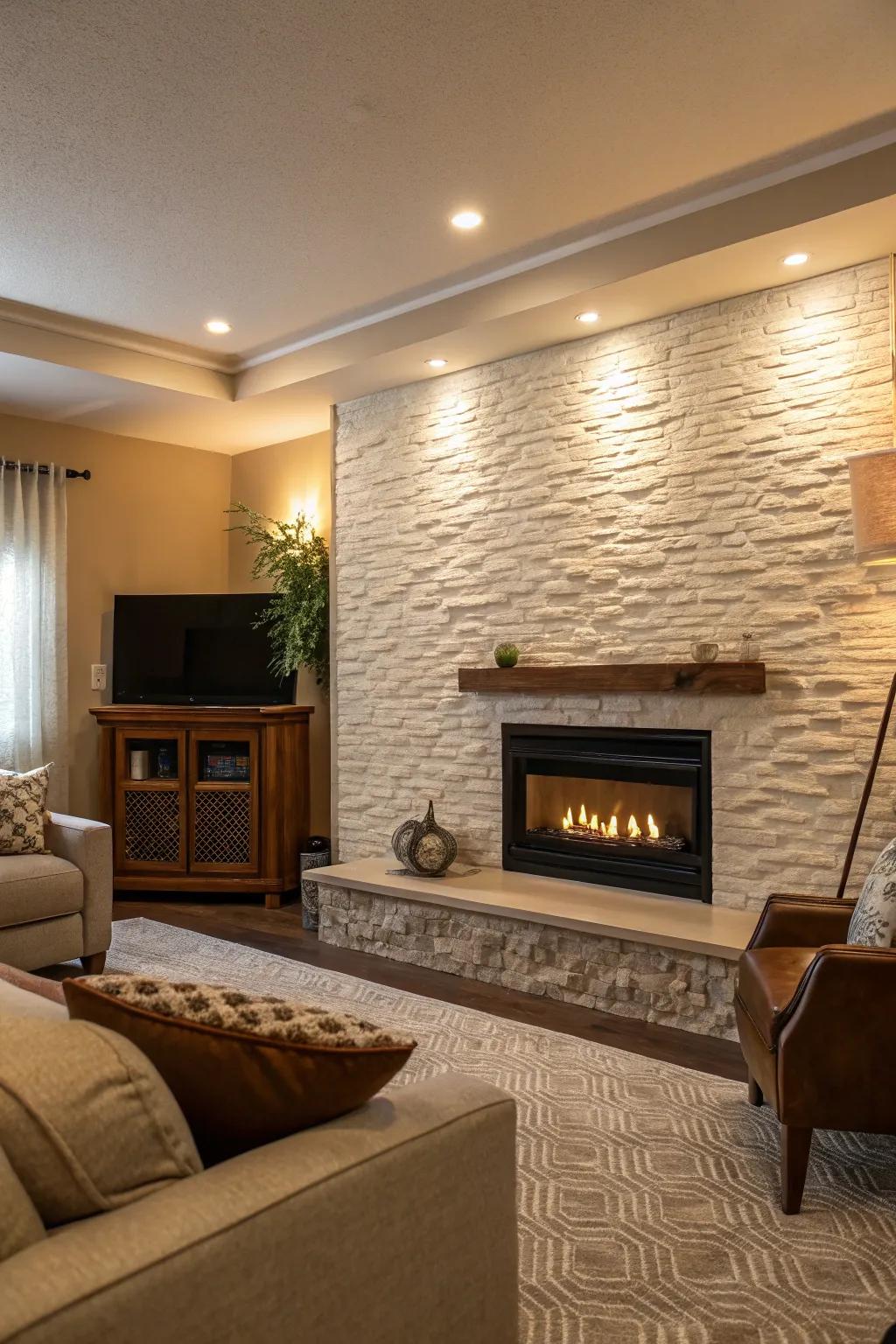 A feature wall accentuating the fireplace exquisitely.