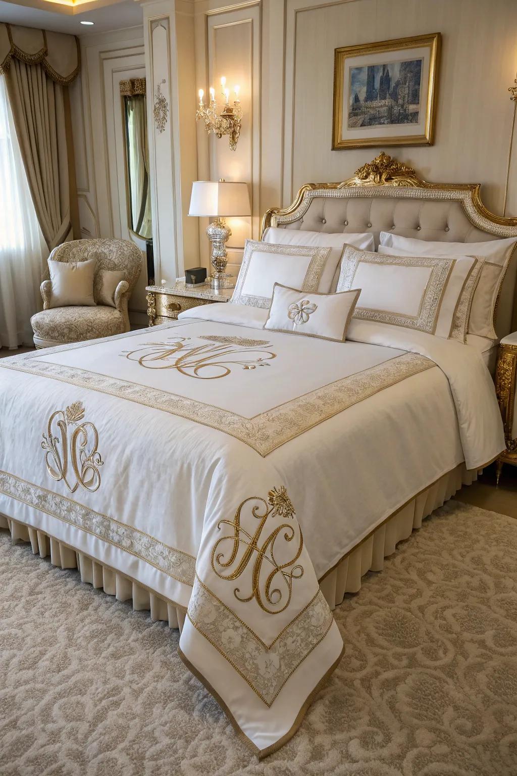 A luxury bedroom featuring personalized monogrammed linens for a unique touch.