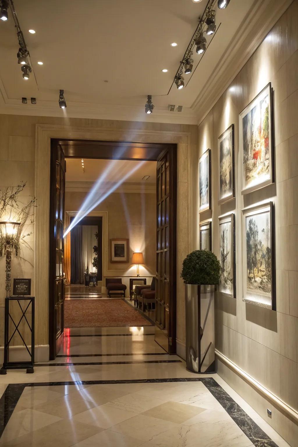 An entryway utilizes spotlights to highlight artwork, thereby imparting a dynamic and elegant accent.