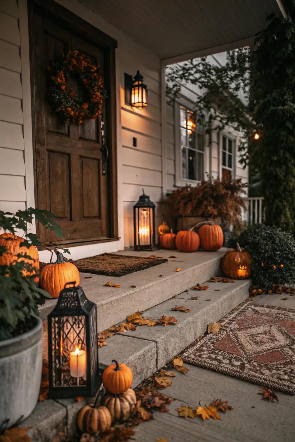 Dim lighting adds a snug and inviting ambiance to the fall veranda.