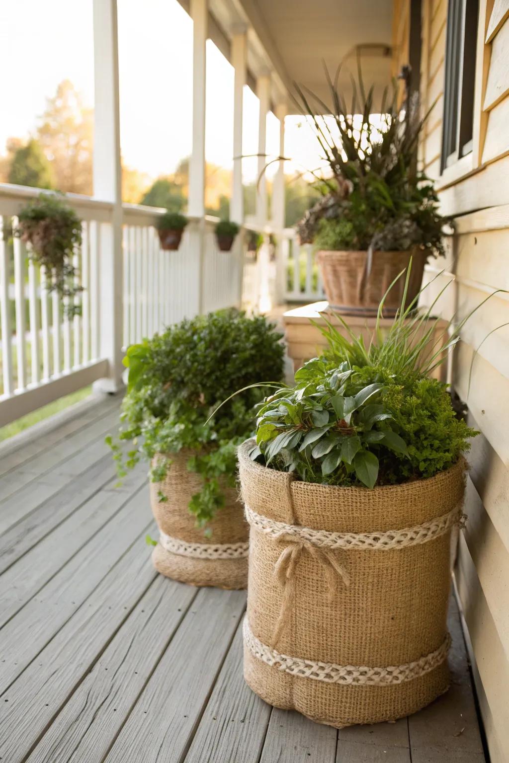 Coarse fabric imparts a countryside texture to your fall porch design.