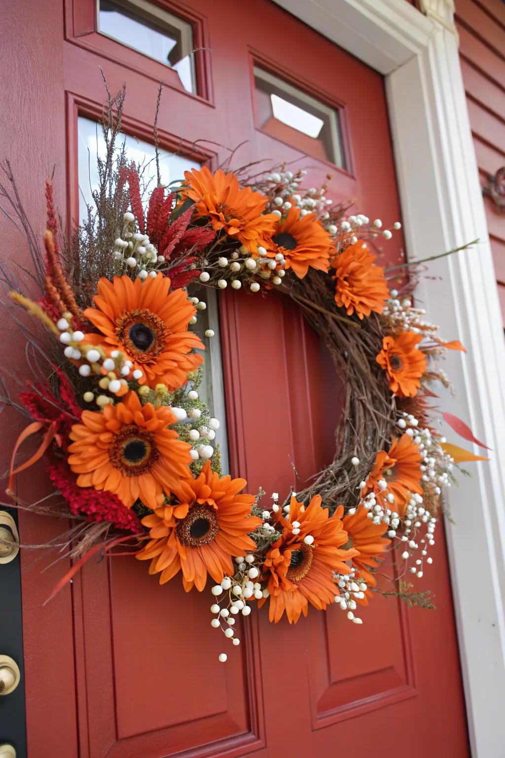 Amber golden blooms make a bold and welcoming fall wreath.
