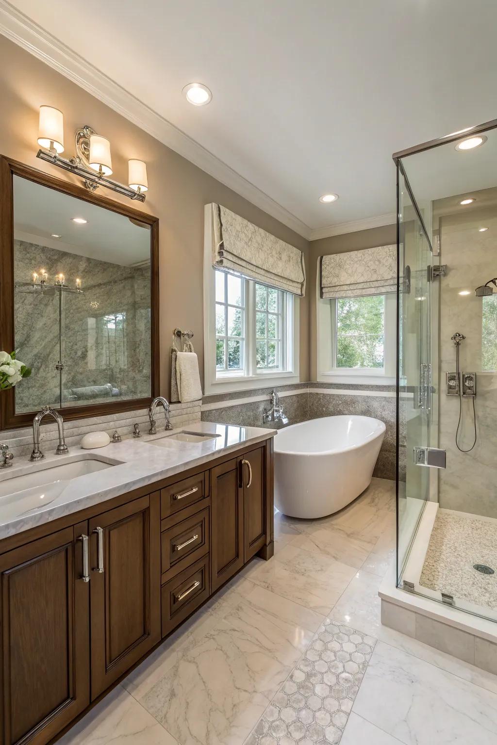 Luxurious touches make the bathroom feel unique and extravagant.