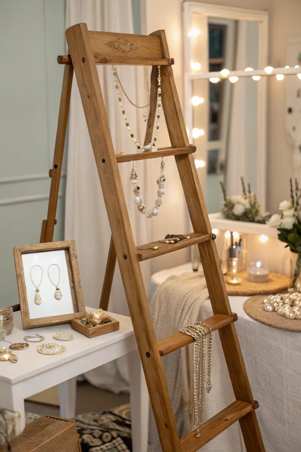 An elegant jewelry display created with a ladder