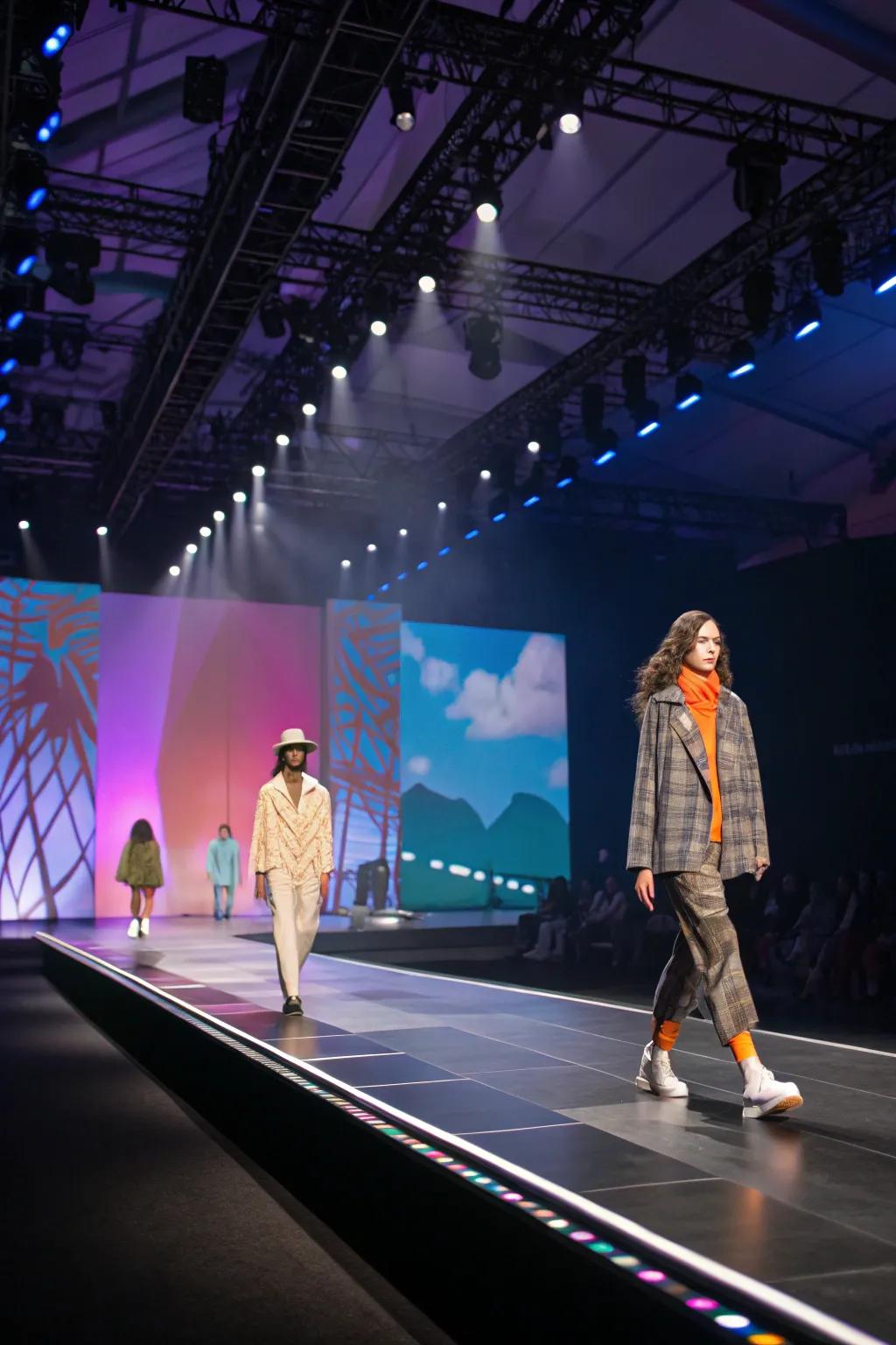Vibrant stage setups provide changing perspectives throughout the fashion show.