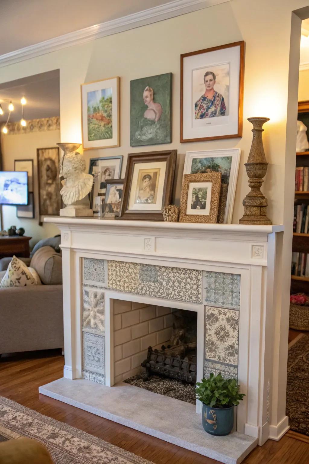 An imitation fireplace used as a personal art display for a unique feeling.
