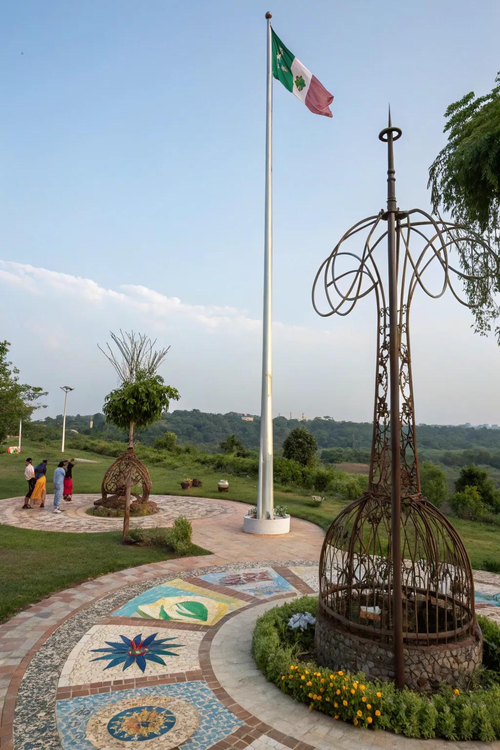 Artistic setups bring creativity and intrigue to flagpole landscapes.
