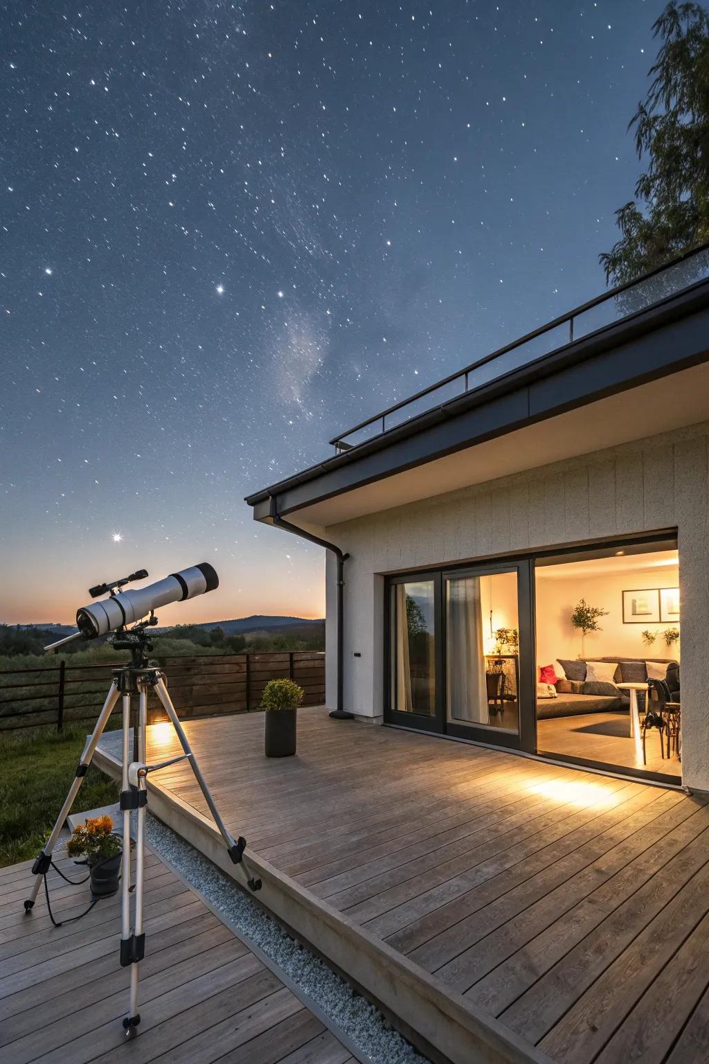 A rooftop star spotting deck on a flat roof garage offers a celestial escape.