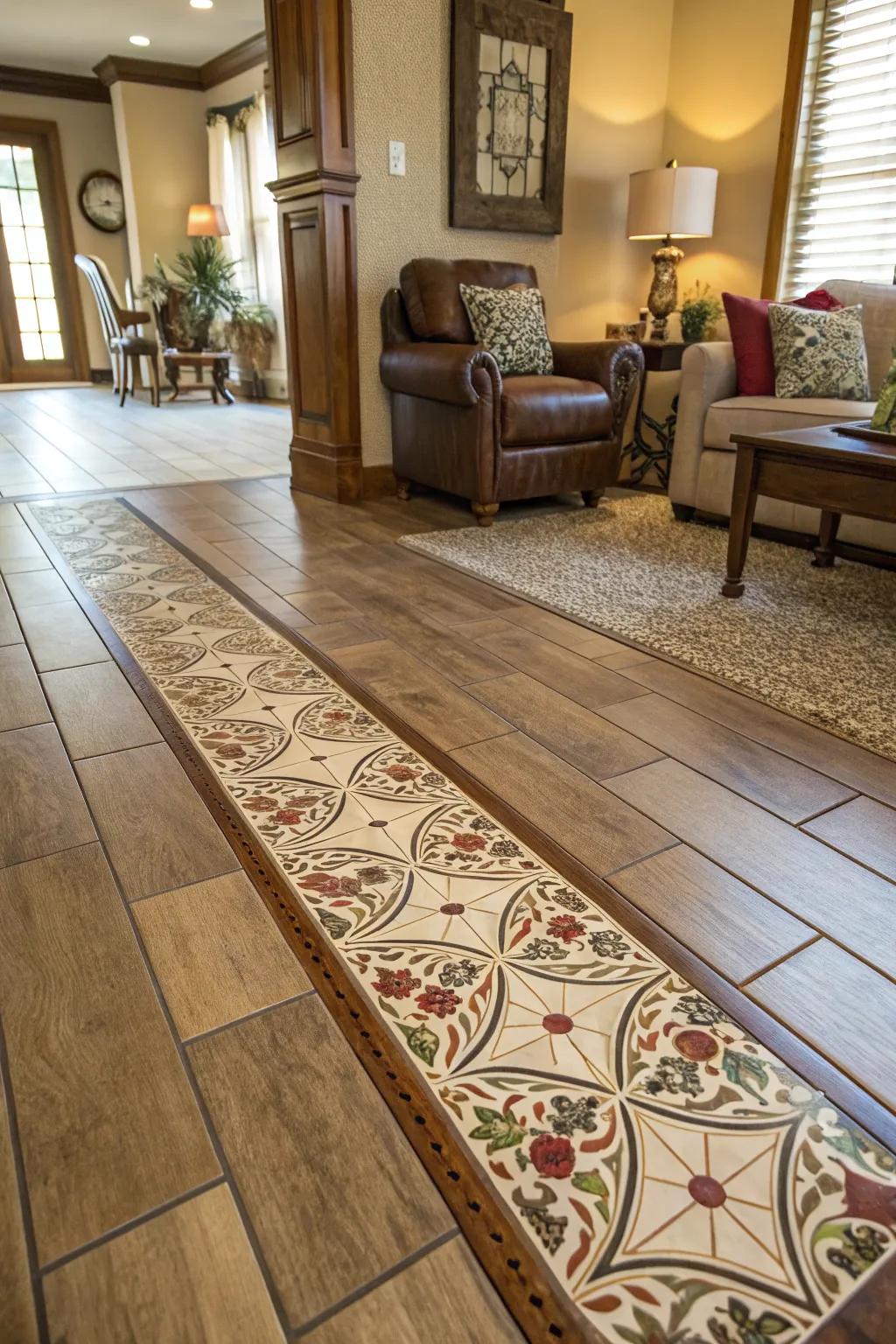 Motif rug connection introduces coziness and rhythm.