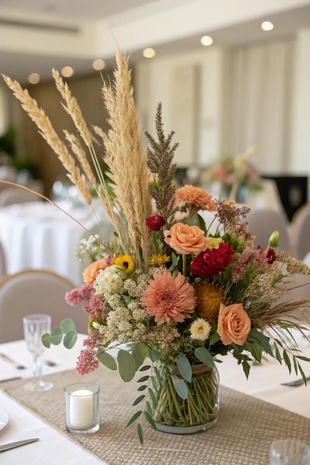 A floral centerpiece showcasing dried grasses and fresh flowers on a table.
