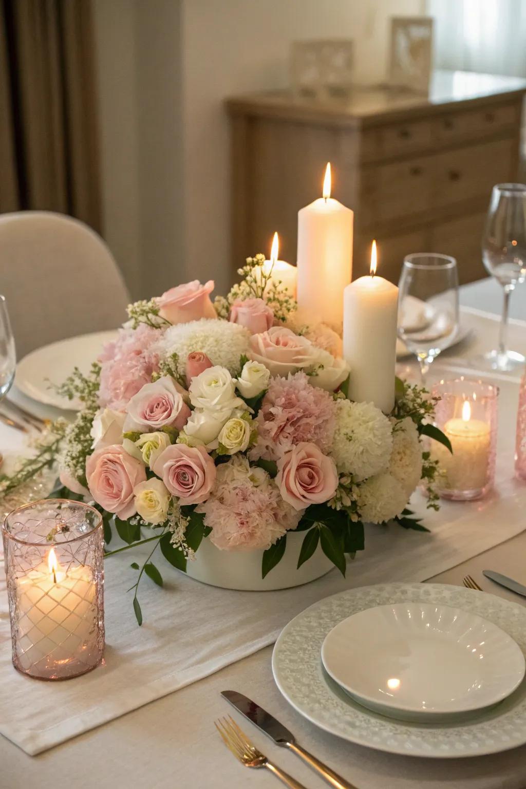 A loving candlelit blossom arrangement.