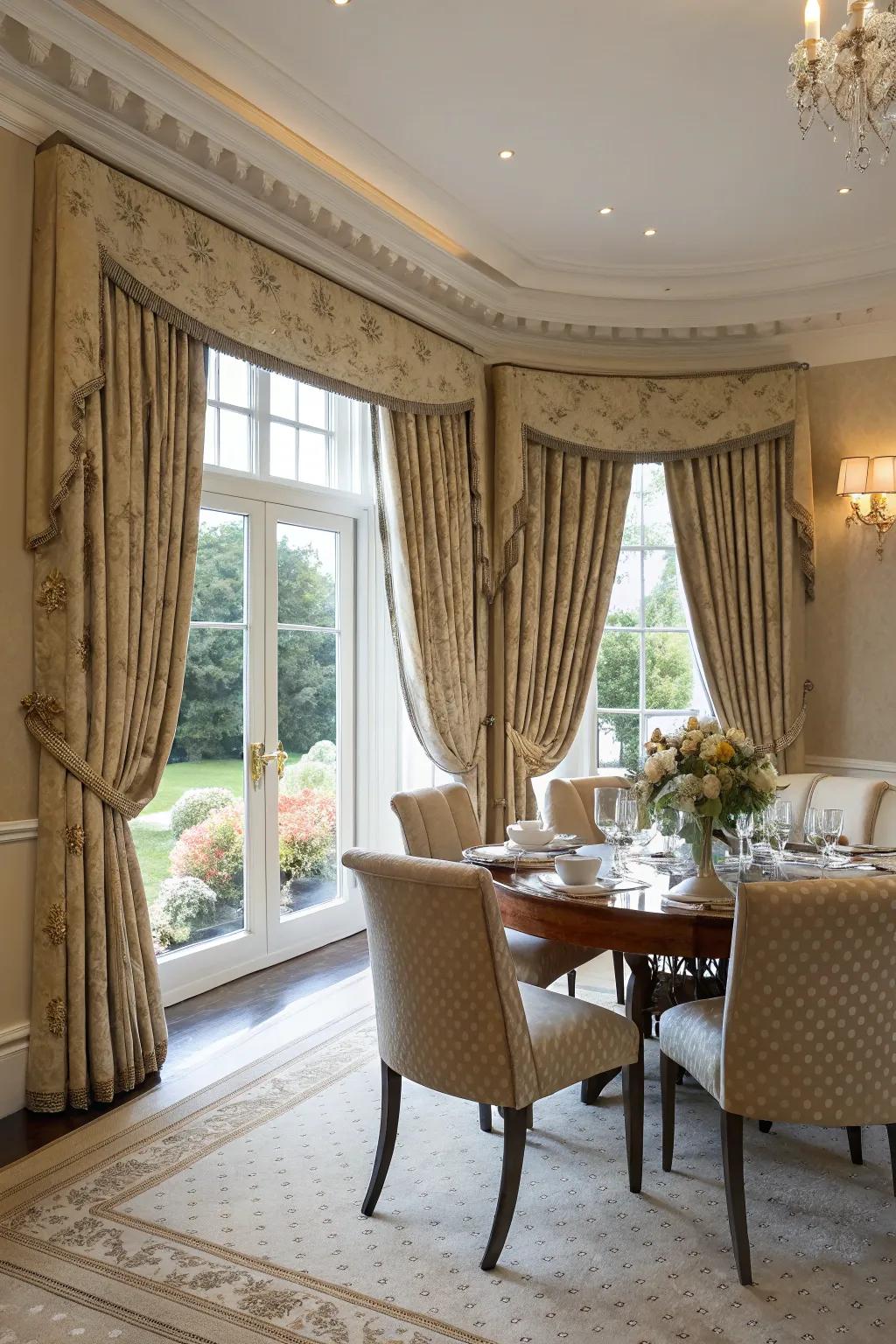 Custom-made fitted curtains provide a polished and classy appearance in this dining room.