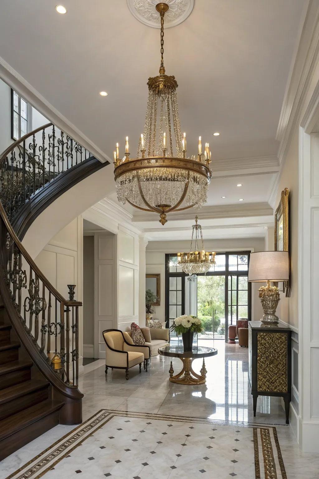 An antiqued metal chandelier offers sculptural grace in this refined foyer.