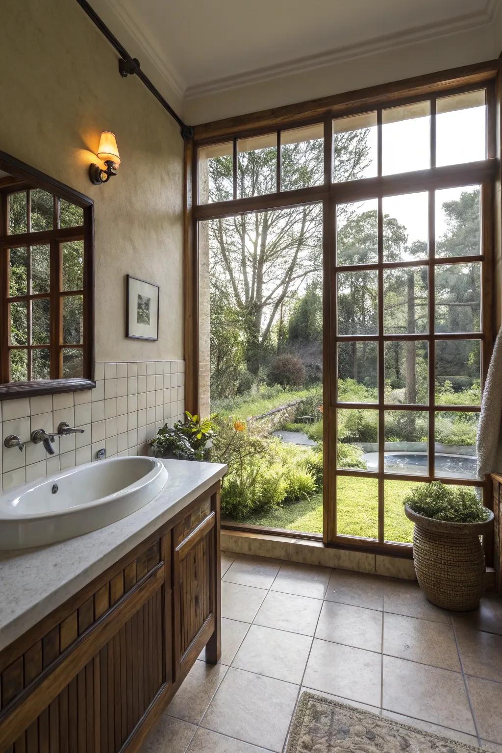 An indoor-outdoor connection creates a natural oasis in the bathroom.