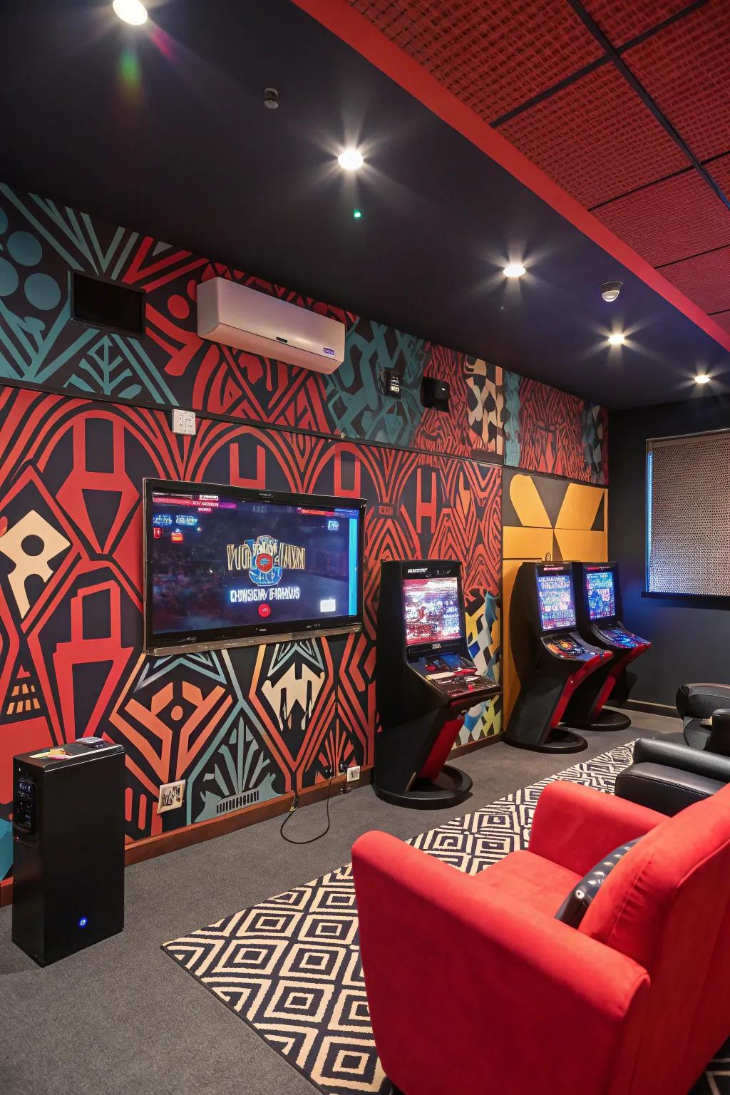 Bold wall motifs introduce visual interest and a vibrant atmosphere to the gaming area.