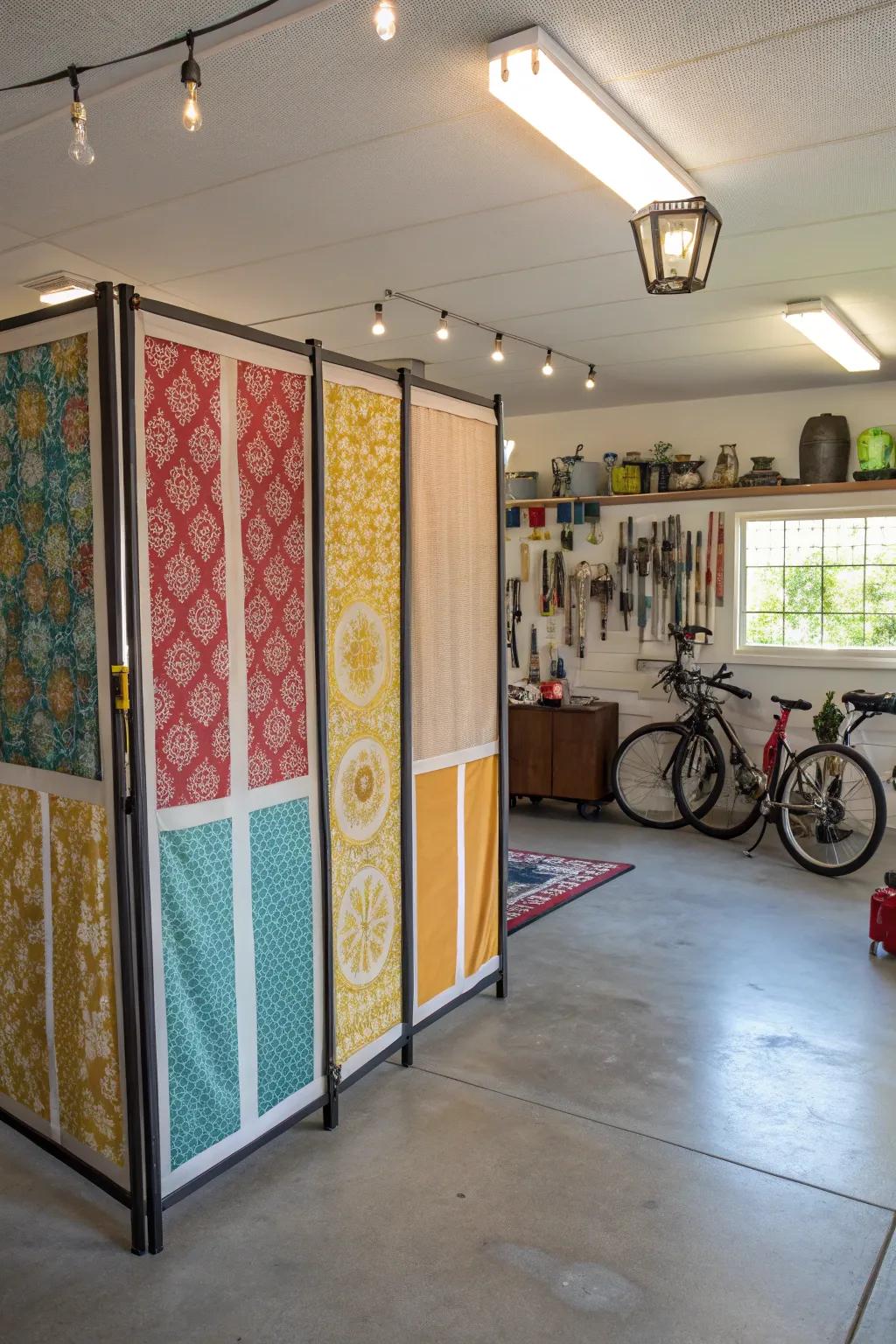 Framed textile panels inject color and individuality into your garage.