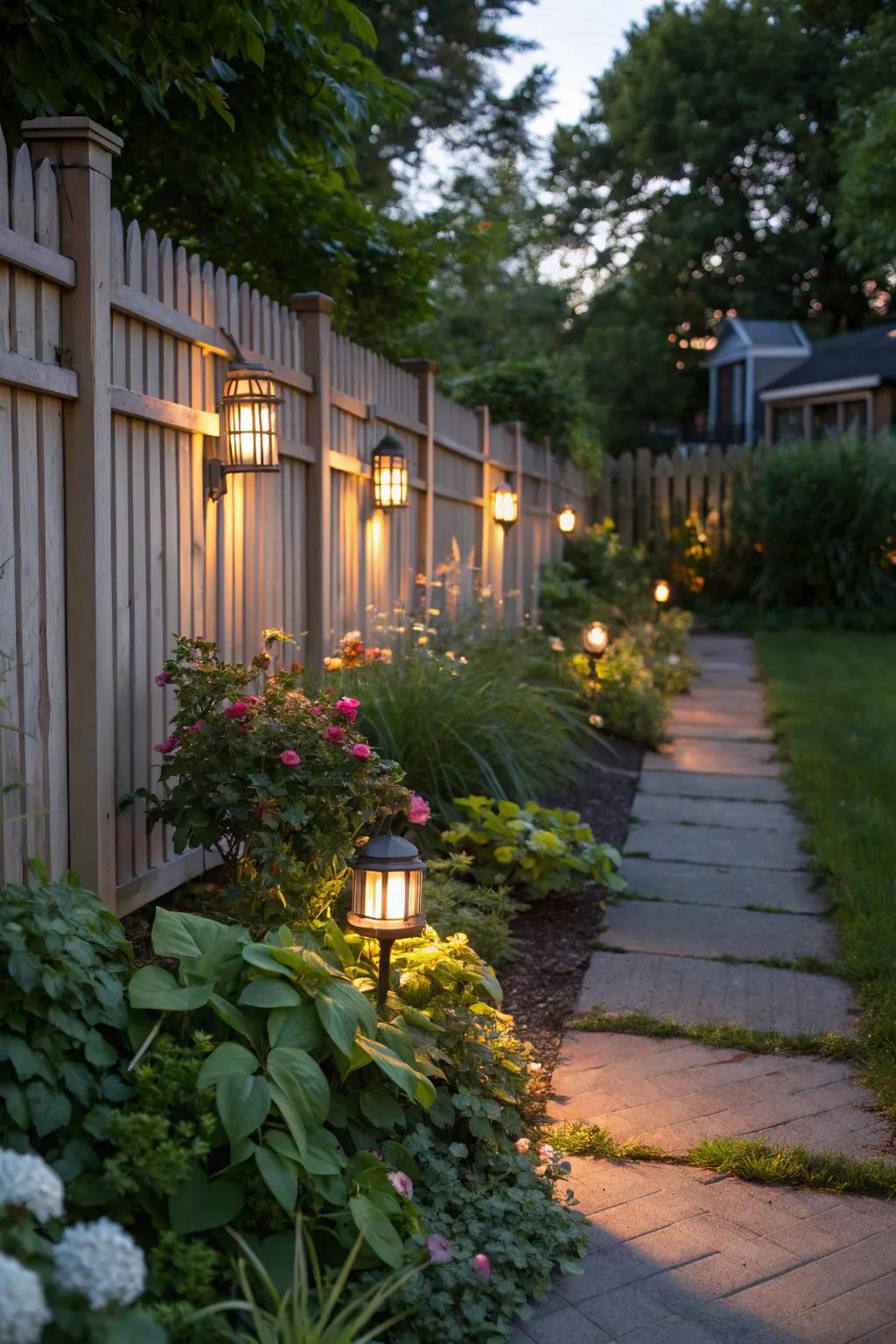 Solar lights light up the shield, which adds safety and a nice feel to the garden.
