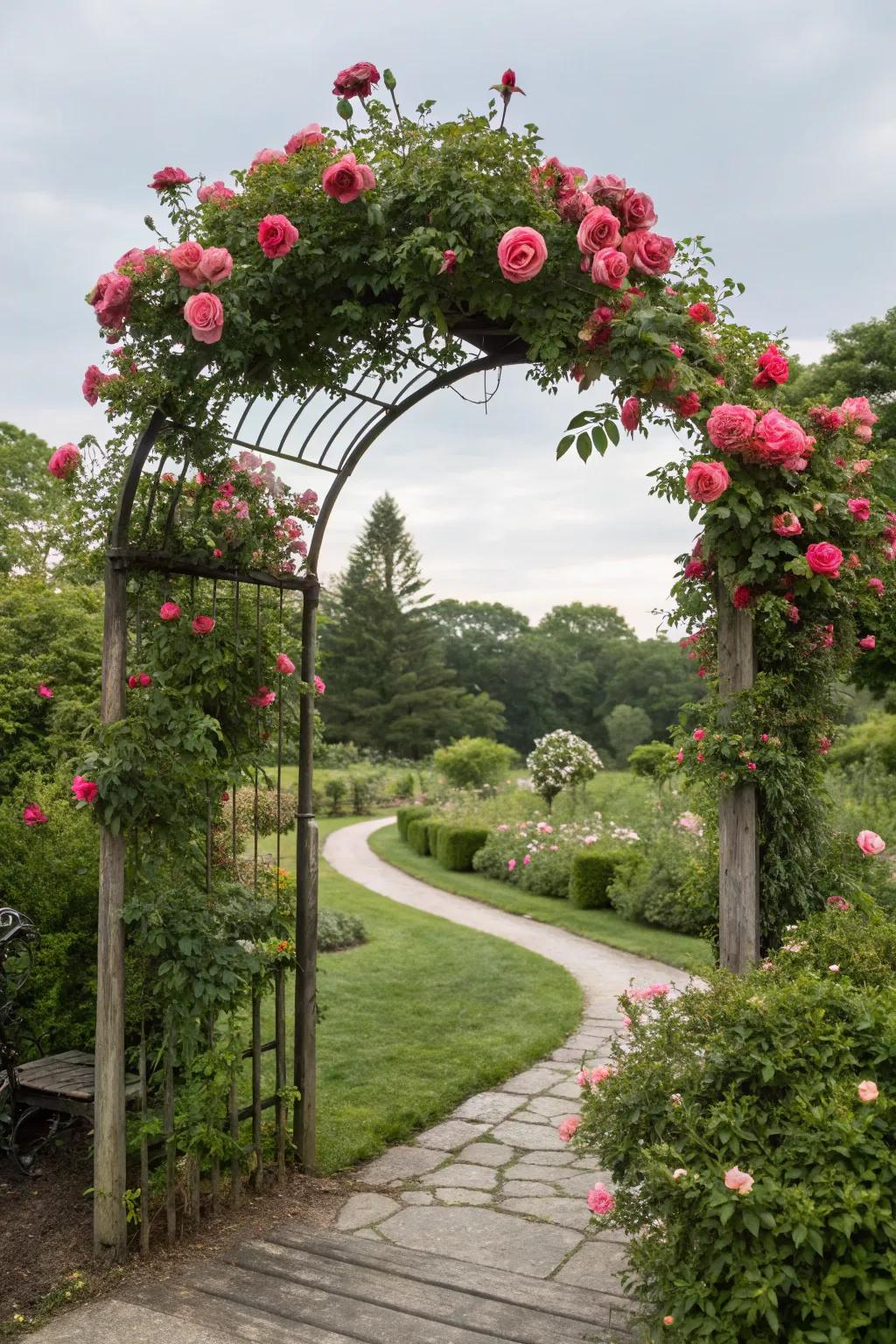 A garden portal decorated with lush climbing roses.