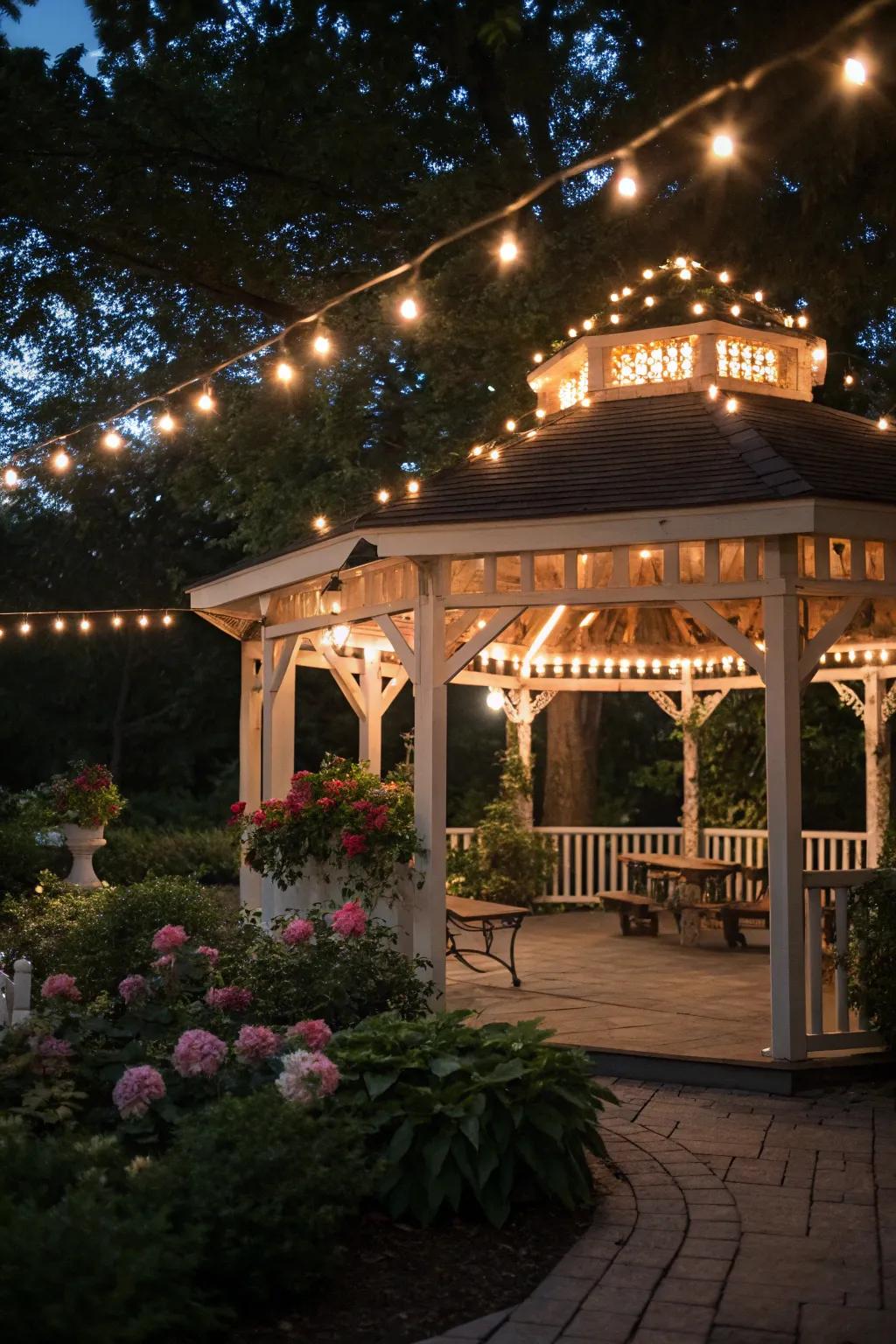 Coffee shop lights create a cozy, welcoming atmosphere reminiscent of outdoor cafes.