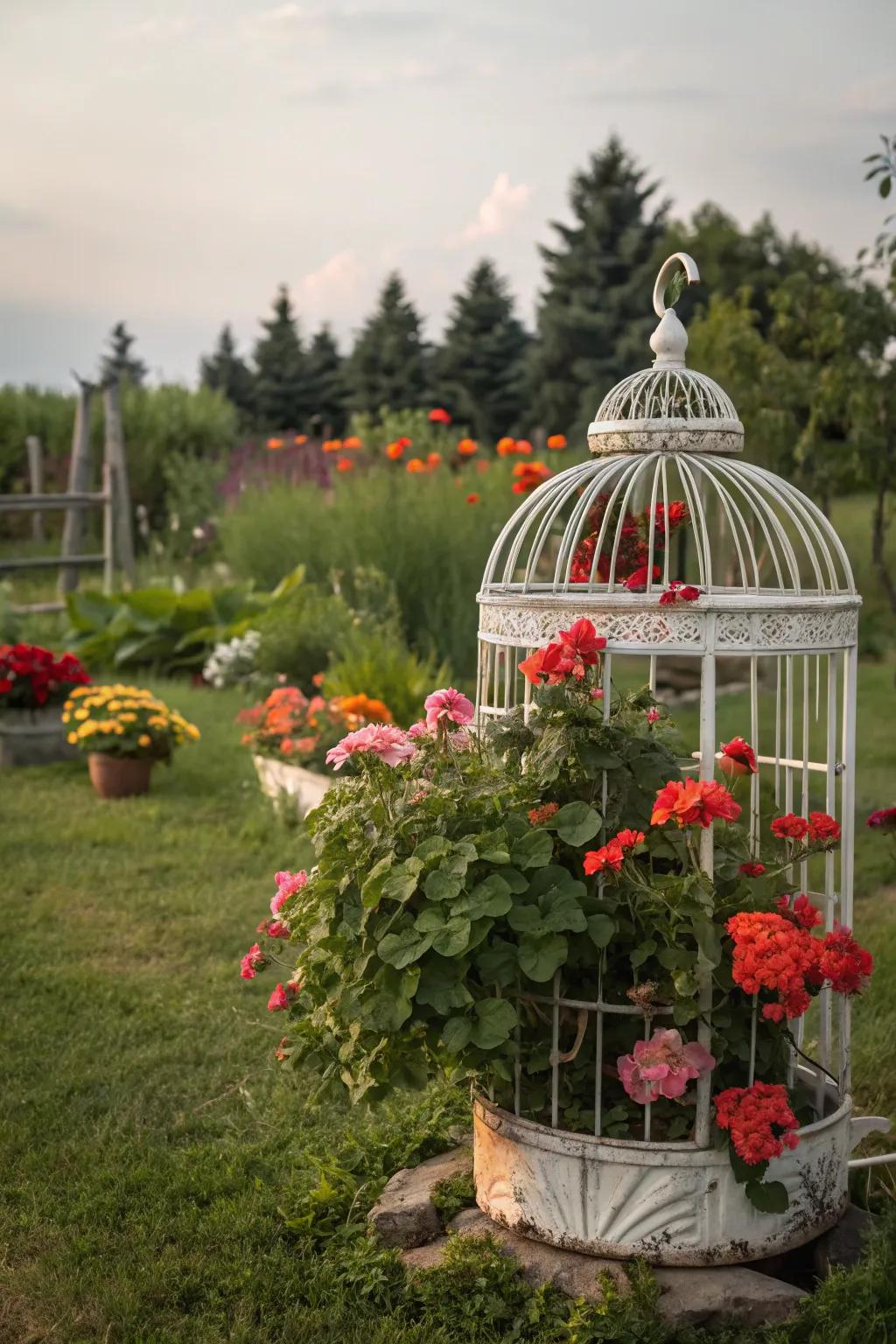 A whimsical birdcage repurposed as a unique planter for vibrant geraniums.