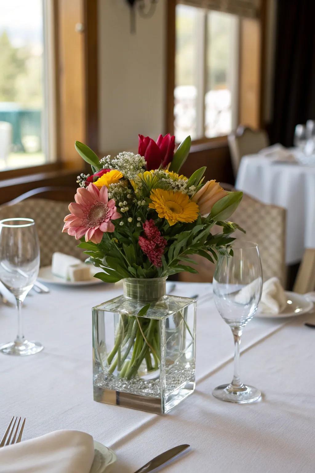 A glass tile employed as an elegant vase that carries blooms.