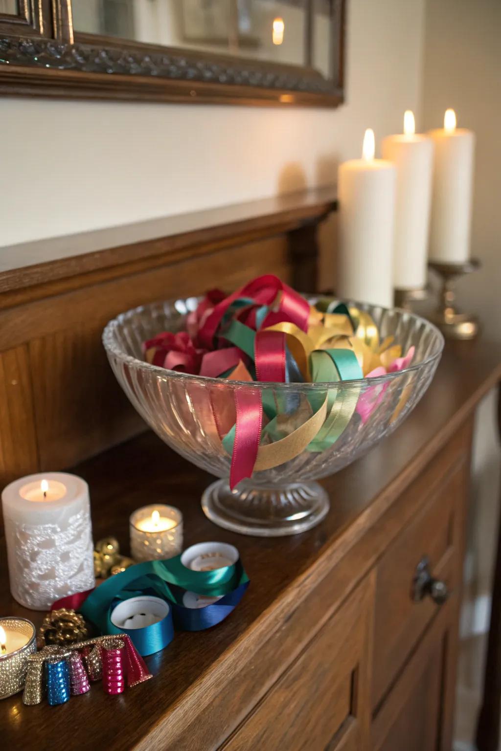 Artistic elegance is obtained by draping the ribbons inside a clear bowl.