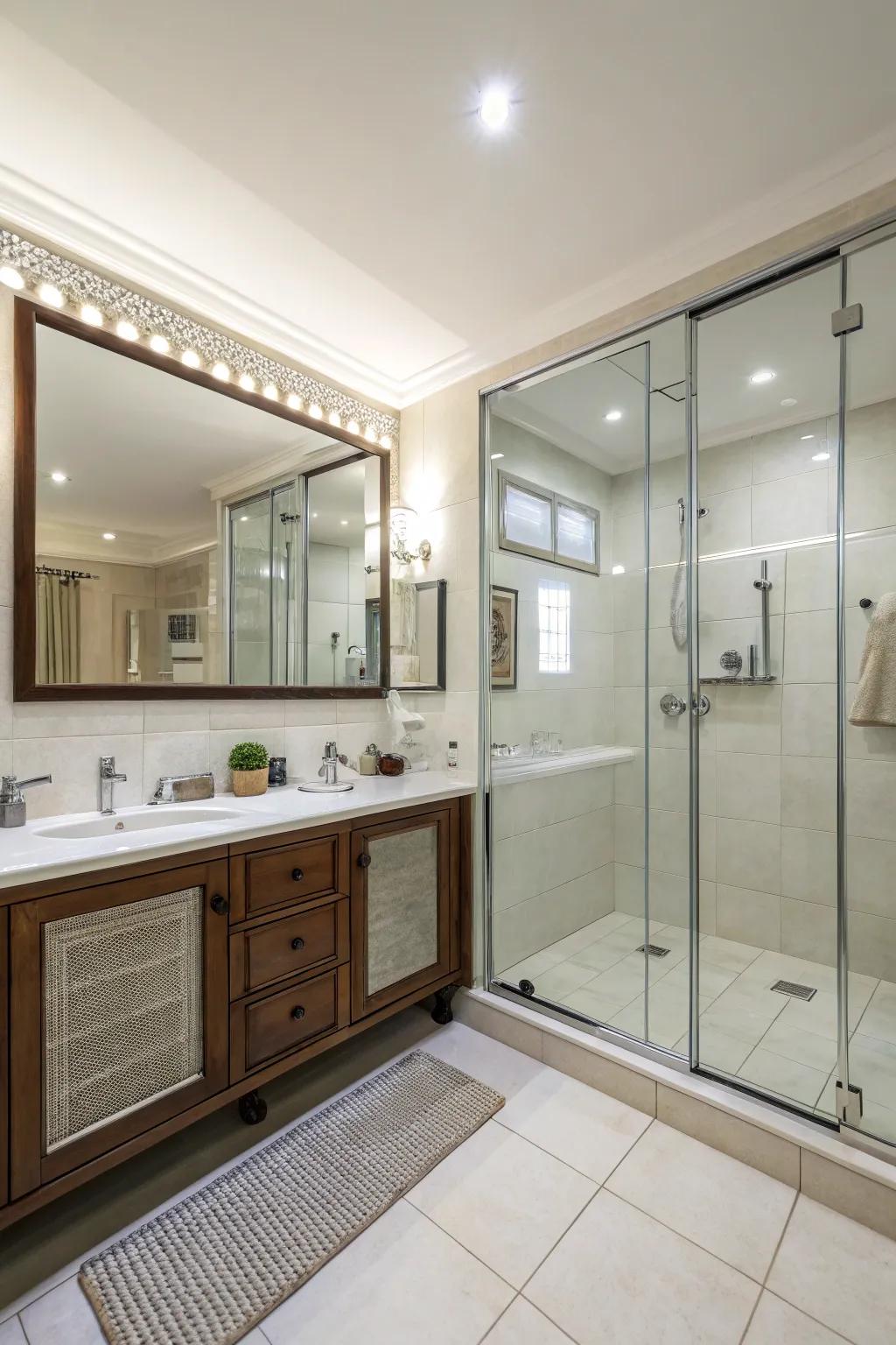 Wall-wide mirrors make a room look bigger.
