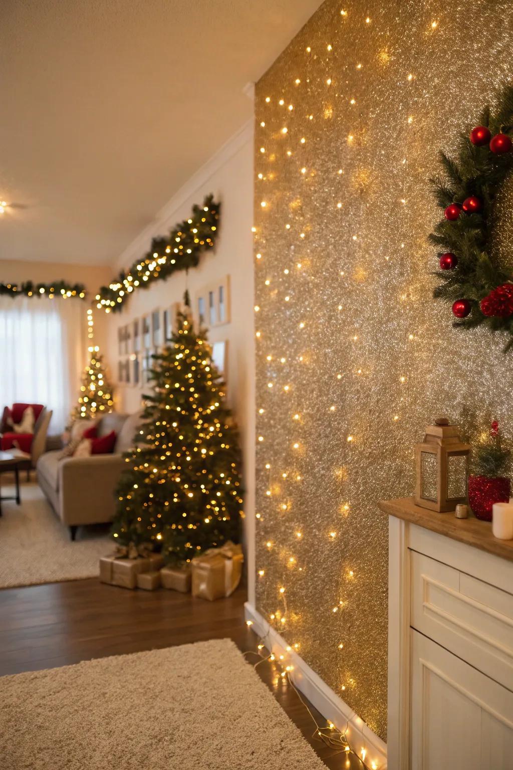 A shimmering feature wall adds seasonal radiance to decor.