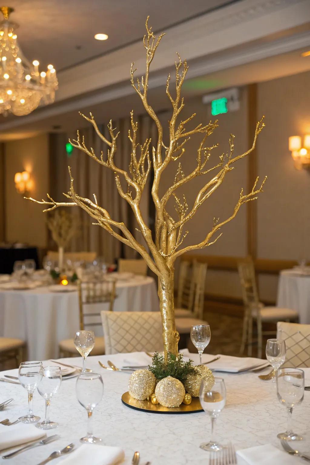 Striking gold branch centerpiece with a touch of nature.