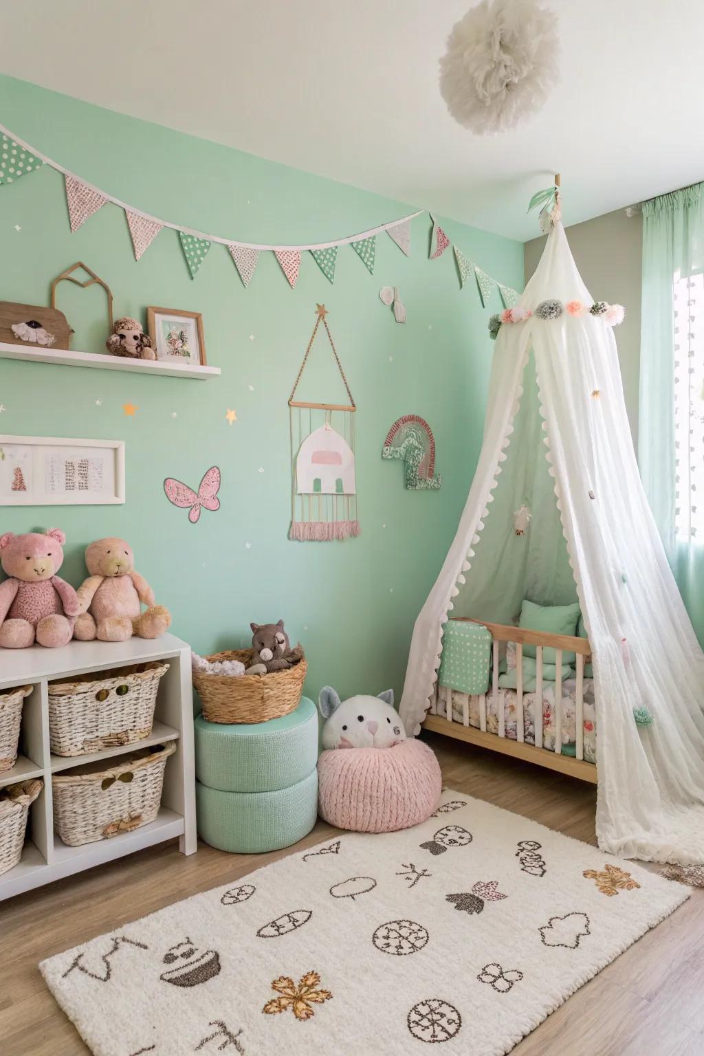 Pale mint green walls add whimsy to this charming child space.