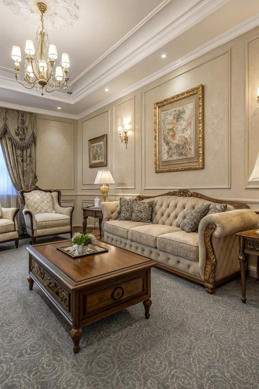 Taupe walls deliver timeless elegance alongside grey carpets.